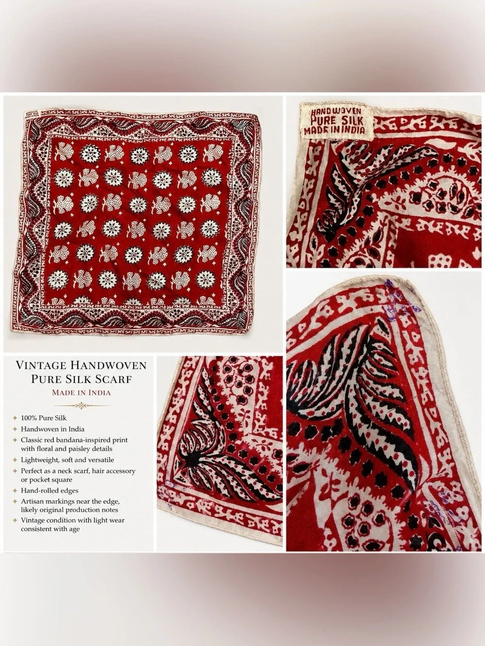 Vintage Handwoven Pure Silk Pocket Square Scarf Red Bandana Print Made in India